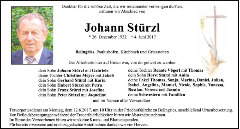  Traueranzeige für Johann Stürzl vom 08.06.2017 aus Neumarkter Tagblatt