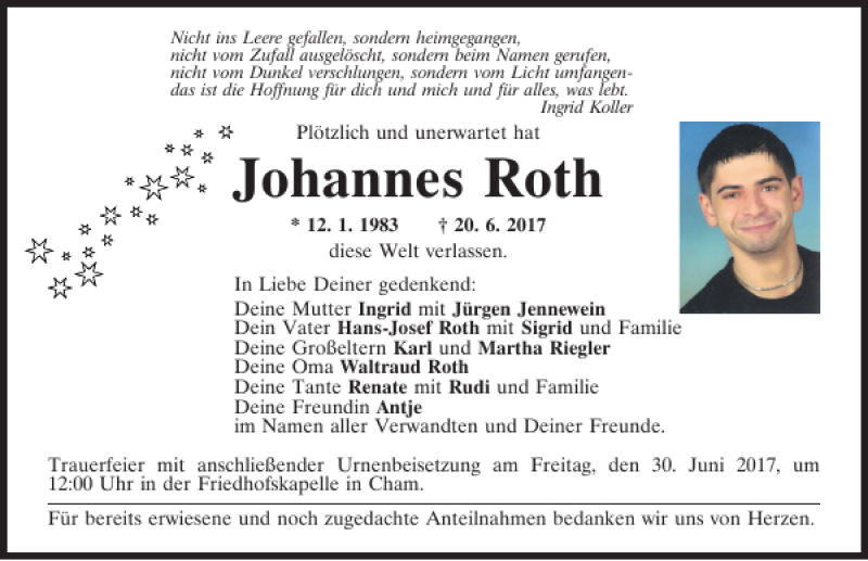  Traueranzeige für Johannes Roth vom 28.06.2017 aus Bayerwald Echo