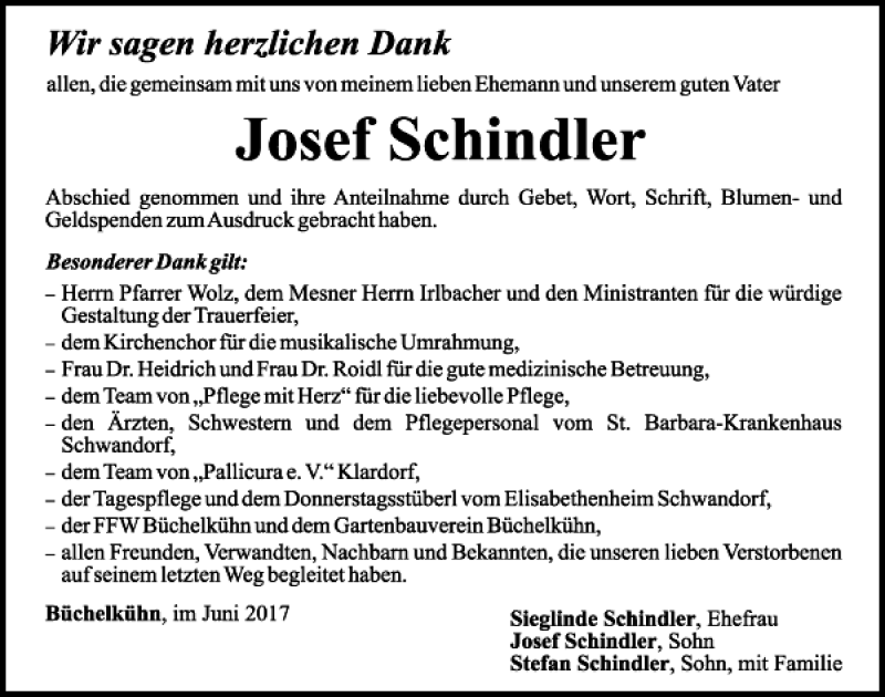 Traueranzeigen von Josef Schindler | Mittelbayerische Trauer