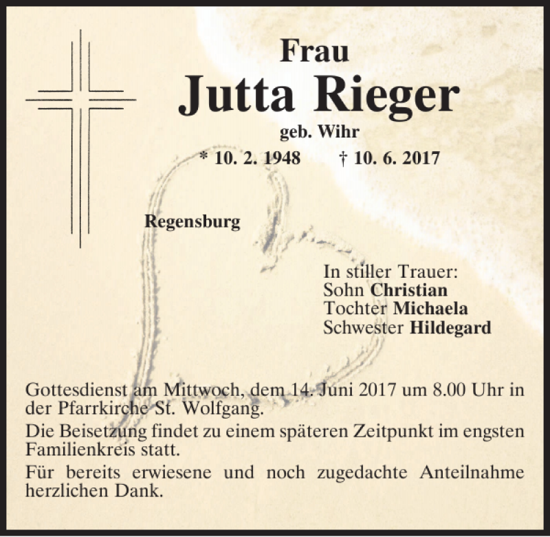  Traueranzeige für Jutta Rieger vom 13.06.2017 aus Mittelbayerische Zeitung Regensburg