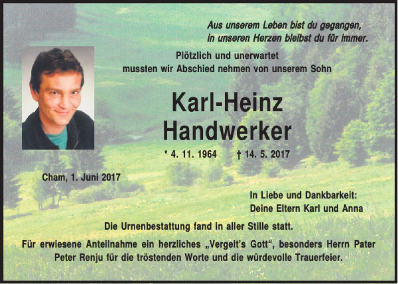  Traueranzeige für Karl-Heinz Handwerker vom 01.06.2017 aus Bayerwald Echo