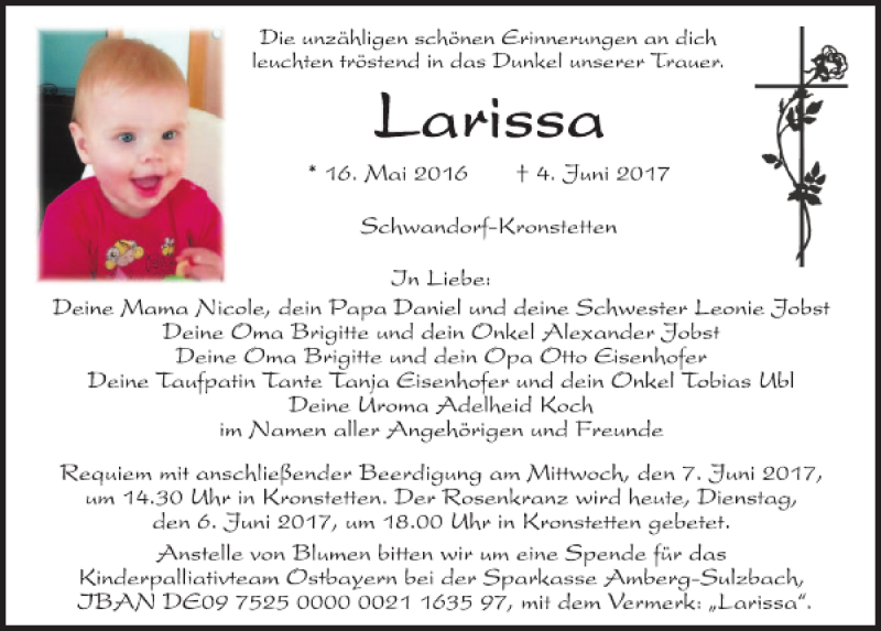  Traueranzeige für Larissa  vom 06.06.2017 aus Mittelbayerische Zeitung Schwandorf