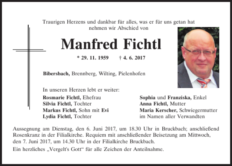  Traueranzeige für Manfred Fichtl vom 06.06.2017 aus Mittelbayerische Zeitung Regensburg