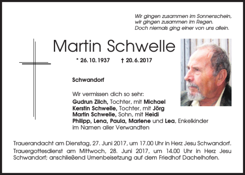  Traueranzeige für Martin Schwelle vom 24.06.2017 aus Mittelbayerische Zeitung Schwandorf