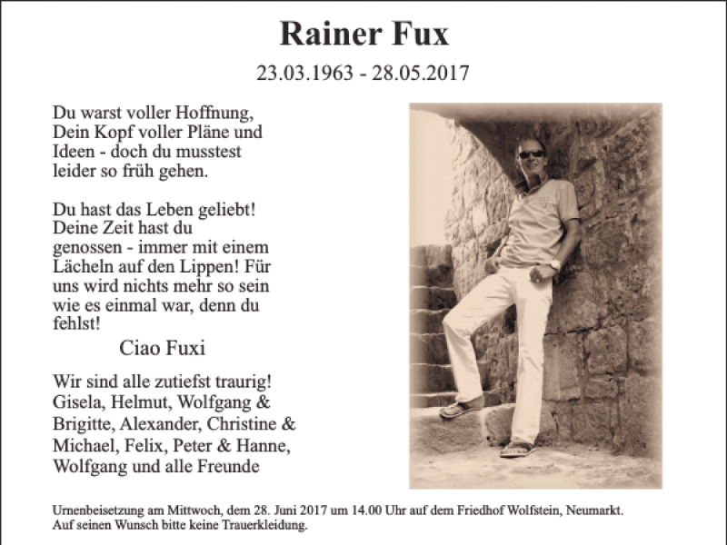  Traueranzeige für Rainer Fux vom 03.06.2017 aus Neumarkter Tagblatt