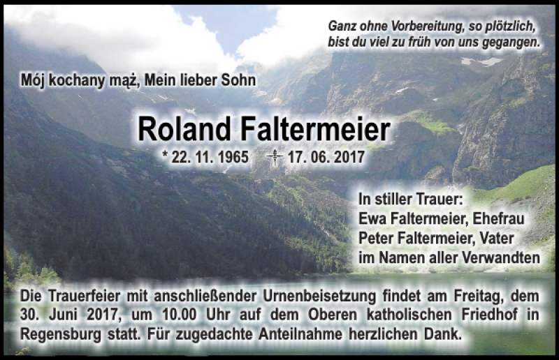  Traueranzeige für Roland Faltermeier vom 24.06.2017 aus Mittelbayerische Zeitung Regensburg