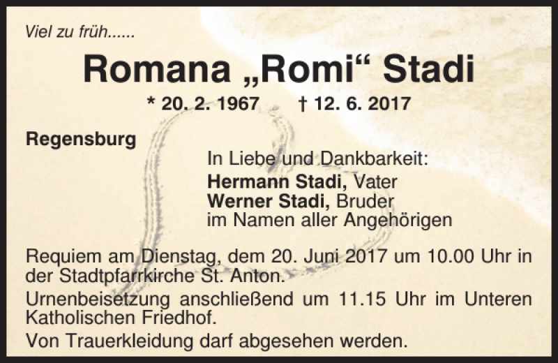  Traueranzeige für Romana 'Romi' Stadi vom 17.06.2017 aus Mittelbayerische Zeitung Regensburg