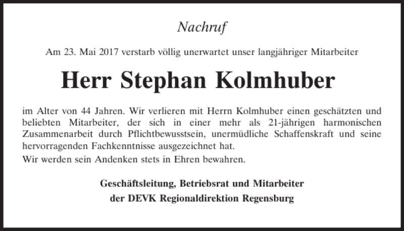  Traueranzeige für Stephan Kolmhuber vom 02.06.2017 aus Mittelbayerische Zeitung Regensburg