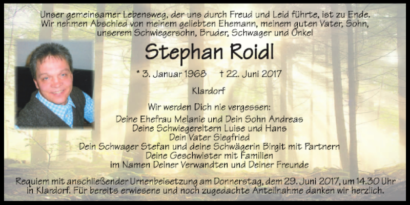  Traueranzeige für Stephan Roidl vom 24.06.2017 aus Mittelbayerische Zeitung Schwandorf