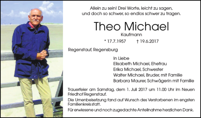  Traueranzeige für Theo Michael vom 24.06.2017 aus Mittelbayerische Zeitung Regensburg