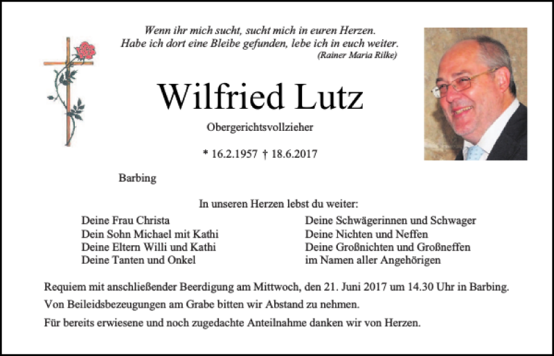  Traueranzeige für Wilfried Lutz vom 20.06.2017 aus Mittelbayerische Zeitung Regensburg