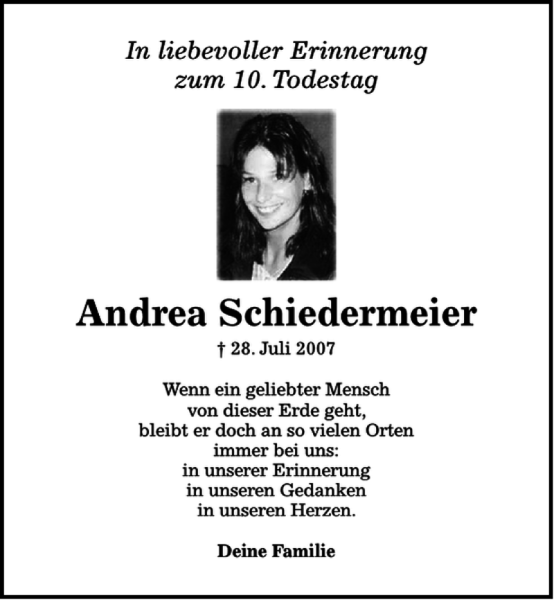  Traueranzeige für Andrea Schiedermeier Waldmünchen vom 28.07.2017 aus Bayerwald Echo