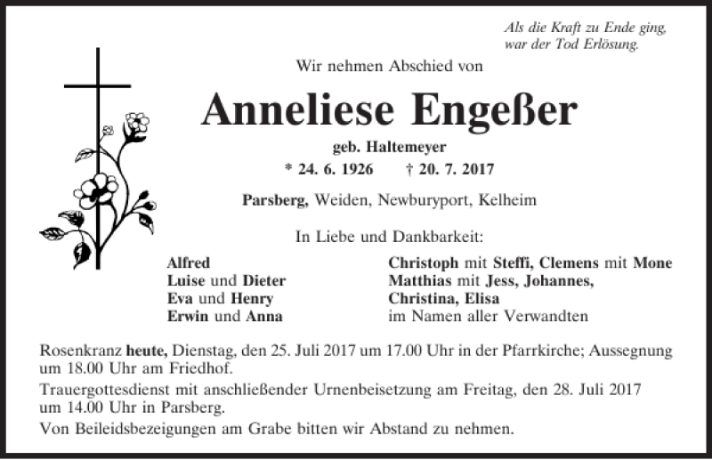  Traueranzeige für Anneliese Engeßer vom 24.07.2017 aus Neumarkter Tagblatt