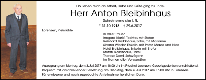  Traueranzeige für Anton Bleibinhaus vom 01.07.2017 aus Mittelbayerische Zeitung Regensburg