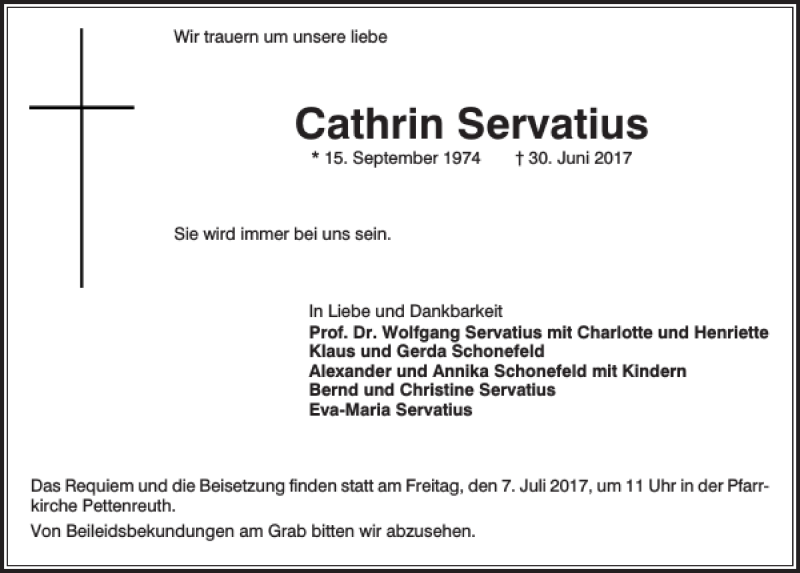  Traueranzeige für Cathrin Servatius vom 04.07.2017 aus Mittelbayerische Zeitung Regensburg