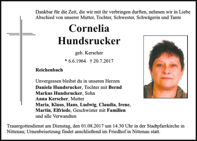  Traueranzeige für Cornelia Hundsrucker vom 29.07.2017 aus Bayerwald Echo