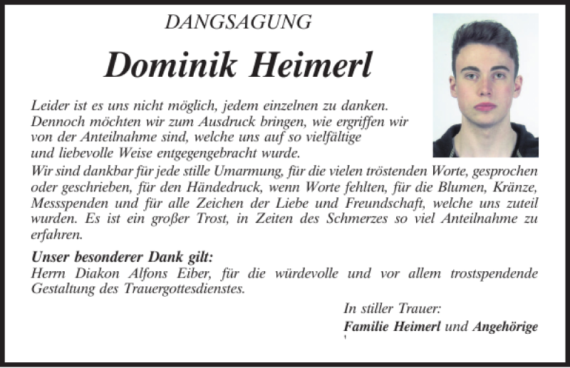  Traueranzeige für Dominik  Heimerl vom 08.07.2017 aus Bayerwald Echo