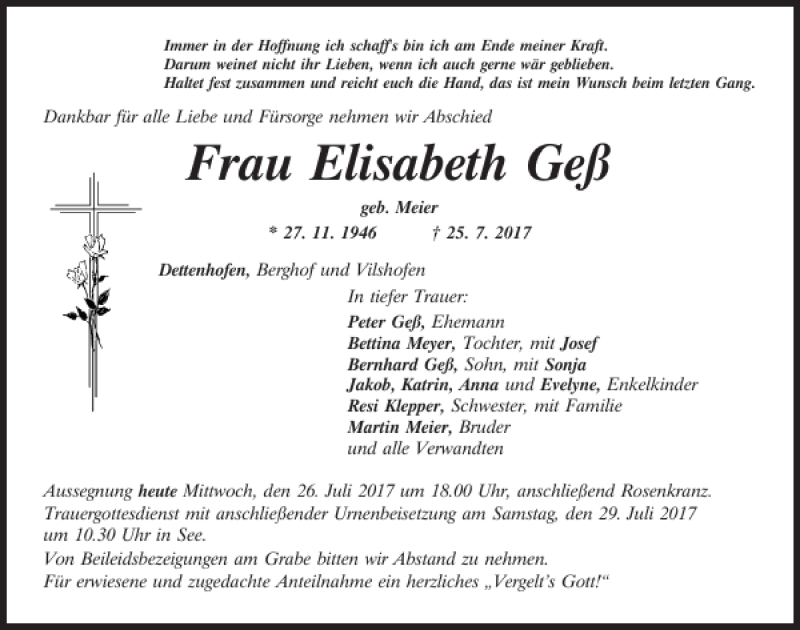  Traueranzeige für Elisabeth Geß vom 26.07.2017 aus Neumarkter Tagblatt