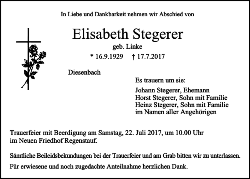  Traueranzeige für Elisabeth Stegerer vom 19.07.2017 aus Mittelbayerische Zeitung Regensburg