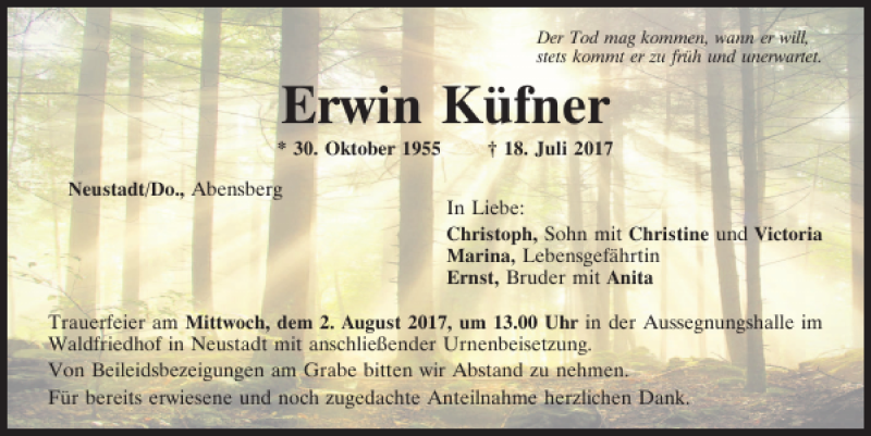  Traueranzeige für Erwin Küfner vom 29.07.2017 aus Mittelbayerische Zeitung Kelheim