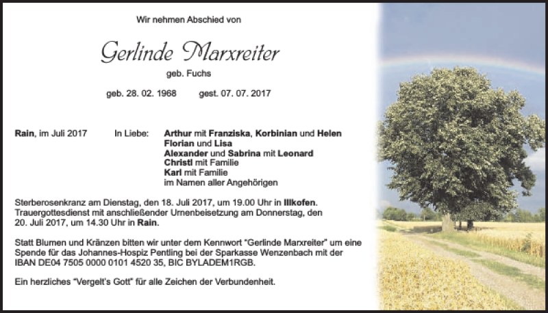  Traueranzeige für Gerlinde Marxreiter vom 17.07.2017 aus Mittelbayerische Zeitung Regensburg