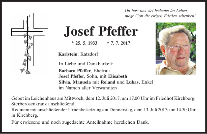  Traueranzeige für Josef Pfeffer vom 11.07.2017 aus Mittelbayerische Zeitung Regensburg