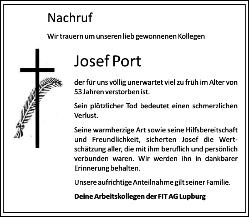  Traueranzeige für Josef Port vom 29.07.2017 aus Neumarkter Tagblatt