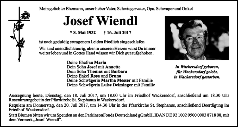  Traueranzeige für Josef Wiendl vom 18.07.2017 aus Mittelbayerische Zeitung Schwandorf