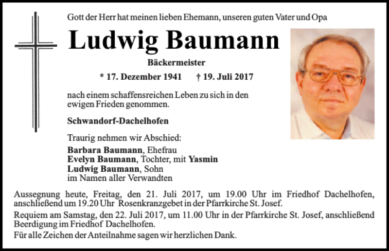  Traueranzeige für Ludwig Baumann vom 21.07.2017 aus Mittelbayerische Zeitung Schwandorf