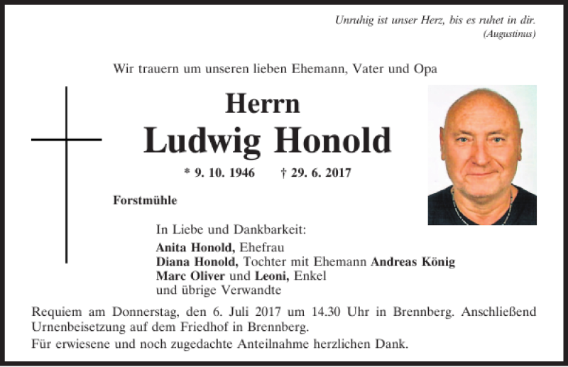  Traueranzeige für Ludwig Honold vom 04.07.2017 aus Mittelbayerische Zeitung Regensburg