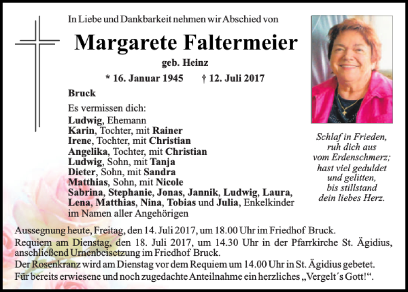  Traueranzeige für Margarete Faltermeier vom 14.07.2017 aus Mittelbayerische Zeitung Schwandorf