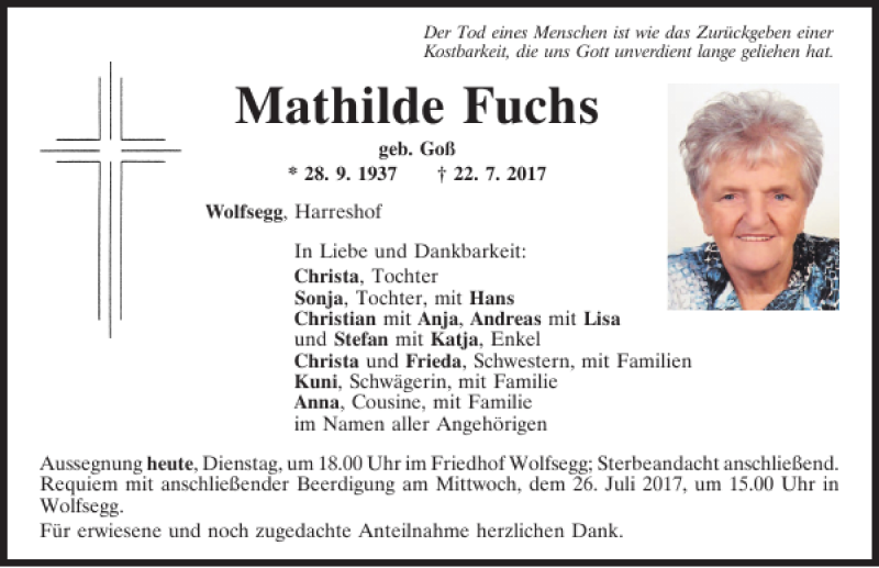  Traueranzeige für Mathilde Fuchs vom 25.07.2017 aus Mittelbayerische Zeitung Regensburg