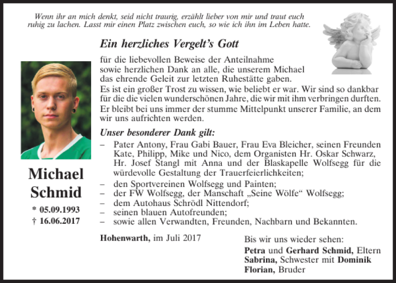  Traueranzeige für Michael Schmid vom 01.07.2017 aus Mittelbayerische Zeitung Regensburg