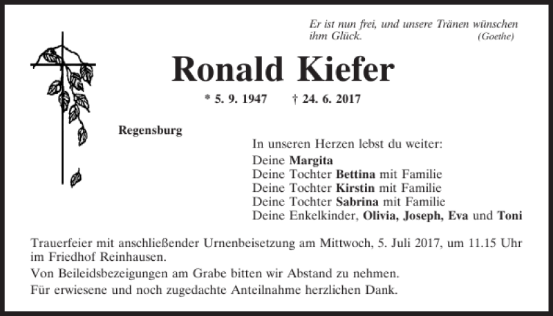  Traueranzeige für Ronald Kiefer vom 01.07.2017 aus Mittelbayerische Zeitung Regensburg