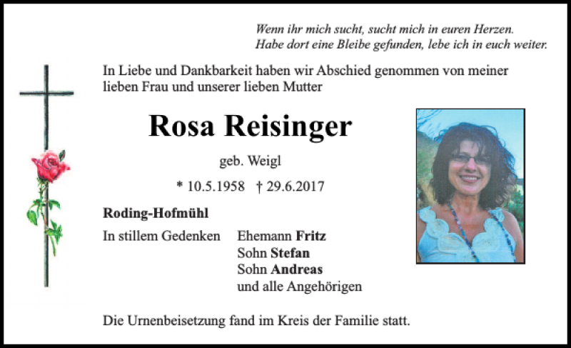  Traueranzeige für Rosa Reisinger vom 14.07.2017 aus Bayerwald Echo