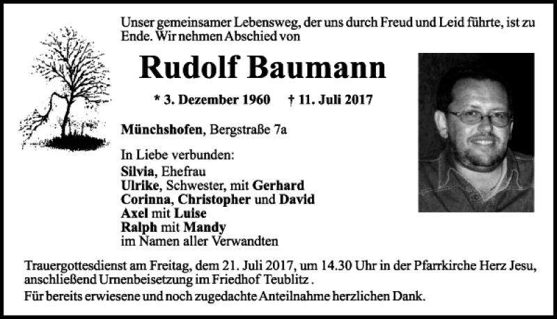  Traueranzeige für Rudolf Baumann vom 19.07.2017 aus Mittelbayerische Zeitung Schwandorf