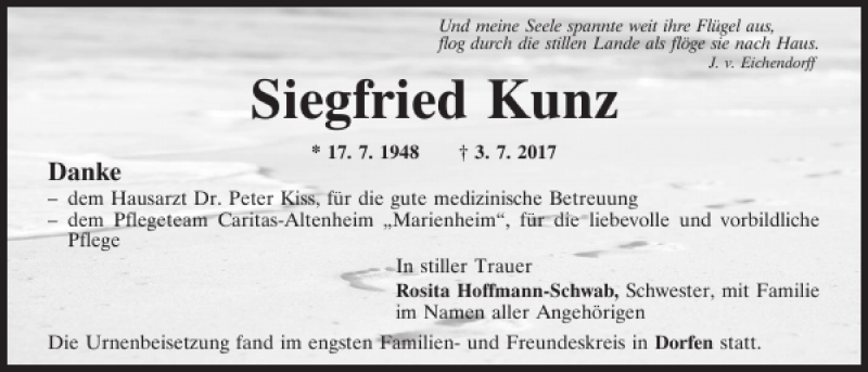 Traueranzeigen Von Siegfried Kunz Mittelbayerische Trauer