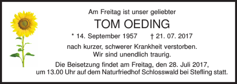  Traueranzeige für Tom Oeding vom 26.07.2017 aus Mittelbayerische Zeitung Regensburg