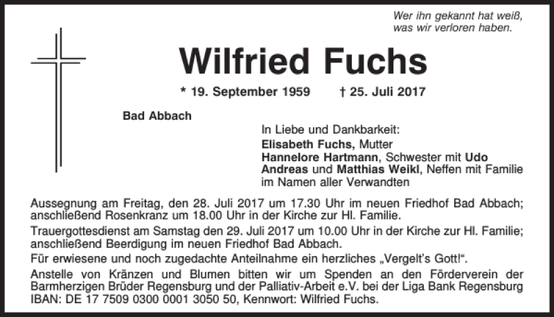  Traueranzeige für Wilfried Fuchs vom 27.07.2017 aus Mittelbayerische Zeitung Kelheim