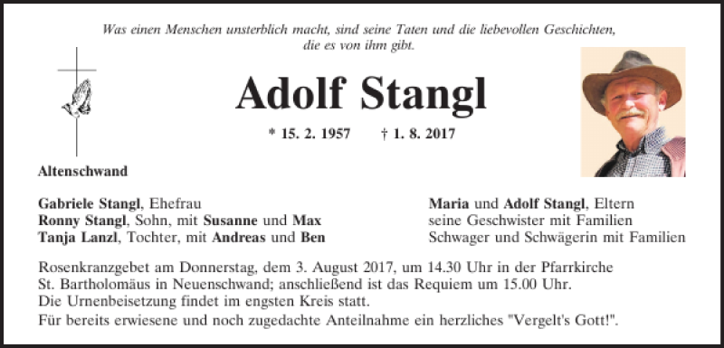  Traueranzeige für Adolf Stangl vom 03.08.2017 aus Mittelbayerische Zeitung Schwandorf