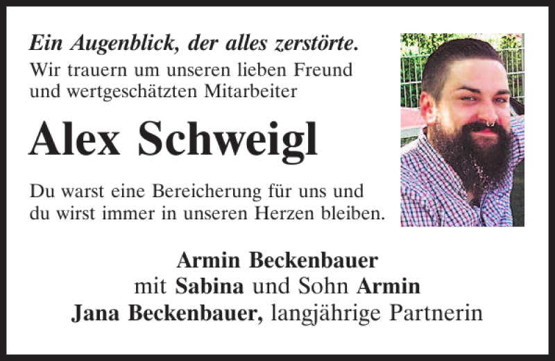  Traueranzeige für Alex Schweigl vom 26.08.2017 aus Mittelbayerische Zeitung Kelheim