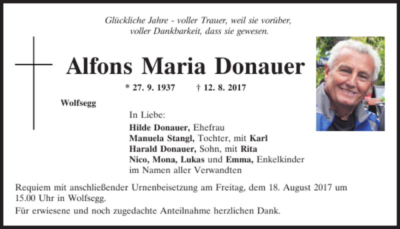  Traueranzeige für Alfons Maria Donauer vom 16.08.2017 aus Mittelbayerische Zeitung Regensburg