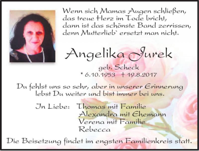  Traueranzeige für Angelika Jurek vom 24.08.2017 aus Mittelbayerische Zeitung Regensburg