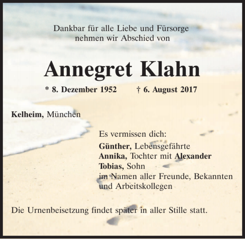  Traueranzeige für Annegret Klahn vom 12.08.2017 aus Mittelbayerische Zeitung Kelheim