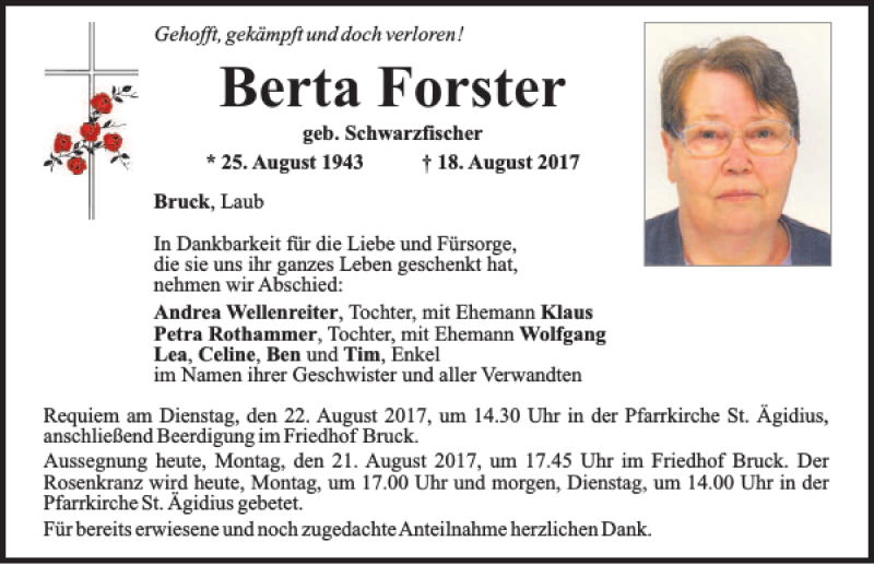  Traueranzeige für Berta Forster vom 21.08.2017 aus Mittelbayerische Zeitung Regensburg