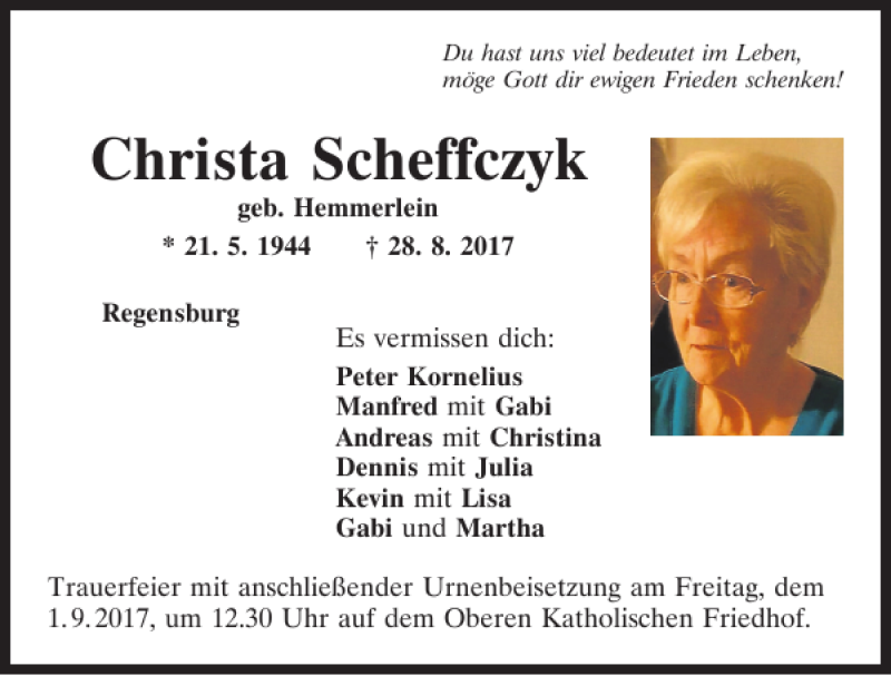  Traueranzeige für Christa Scheffczyk vom 30.08.2017 aus Mittelbayerische Zeitung Regensburg