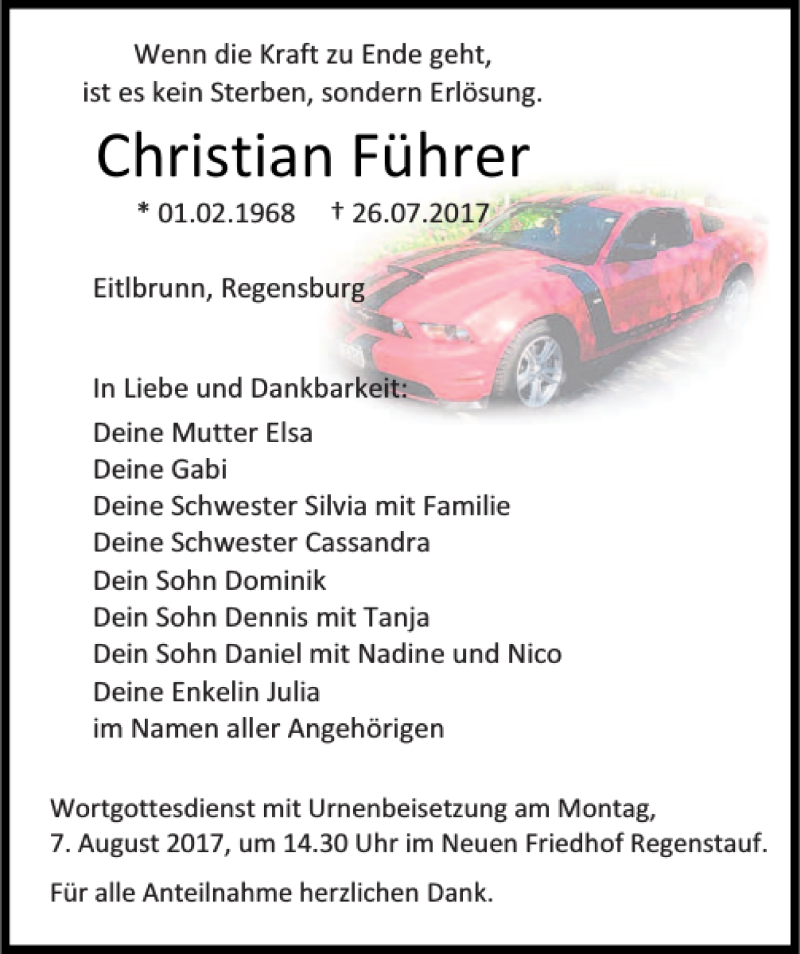  Traueranzeige für Christian Führer vom 02.08.2017 aus Mittelbayerische Zeitung Regensburg