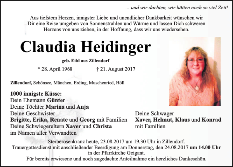  Traueranzeige für Claudia Heidinger vom 23.08.2017 aus Bayerwald Echo