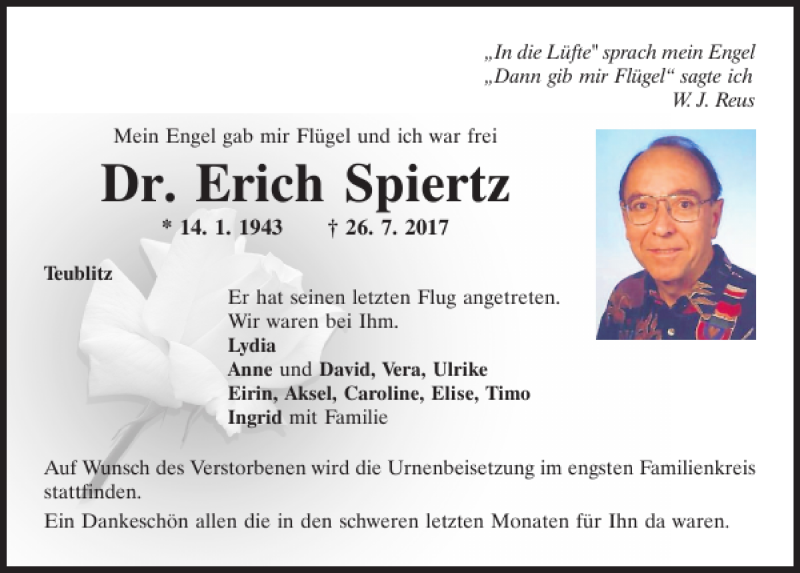  Traueranzeige für Dr. Erich Spiertz vom 02.08.2017 aus Mittelbayerische Zeitung Schwandorf