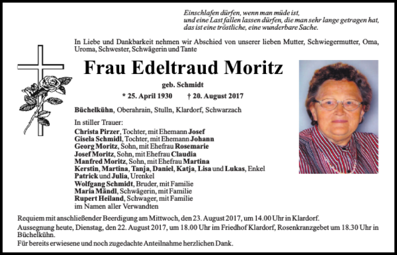  Traueranzeige für Edeltraud Moritz vom 22.08.2017 aus Mittelbayerische Zeitung Schwandorf